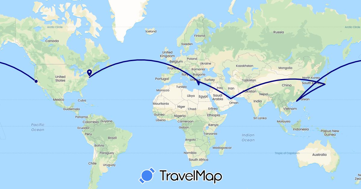 TravelMap itinerary: driving in United Arab Emirates, Greece, Hong Kong, Japan, United States (Asia, Europe, North America)